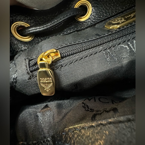 MCM Like New Studded Logo Black Pebbled Leather Backpack Tassel Drawstring - Picture 15 of 15